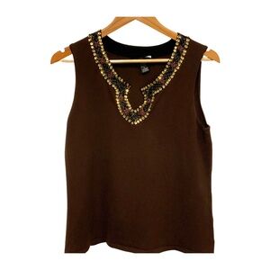 Cable & Gauge Brown Silk-Blend Sleeveless Top – Beaded & Sequin Neckline